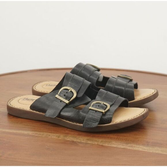 Born Womens Henna Slides Sandals Black Leather Buckles Flats Size 6M - Picture 1 of 9